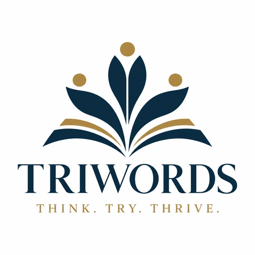 TRIWORDS: açık bir kitaptan yükselen üç figür; THINK. TRY. THRIVE.